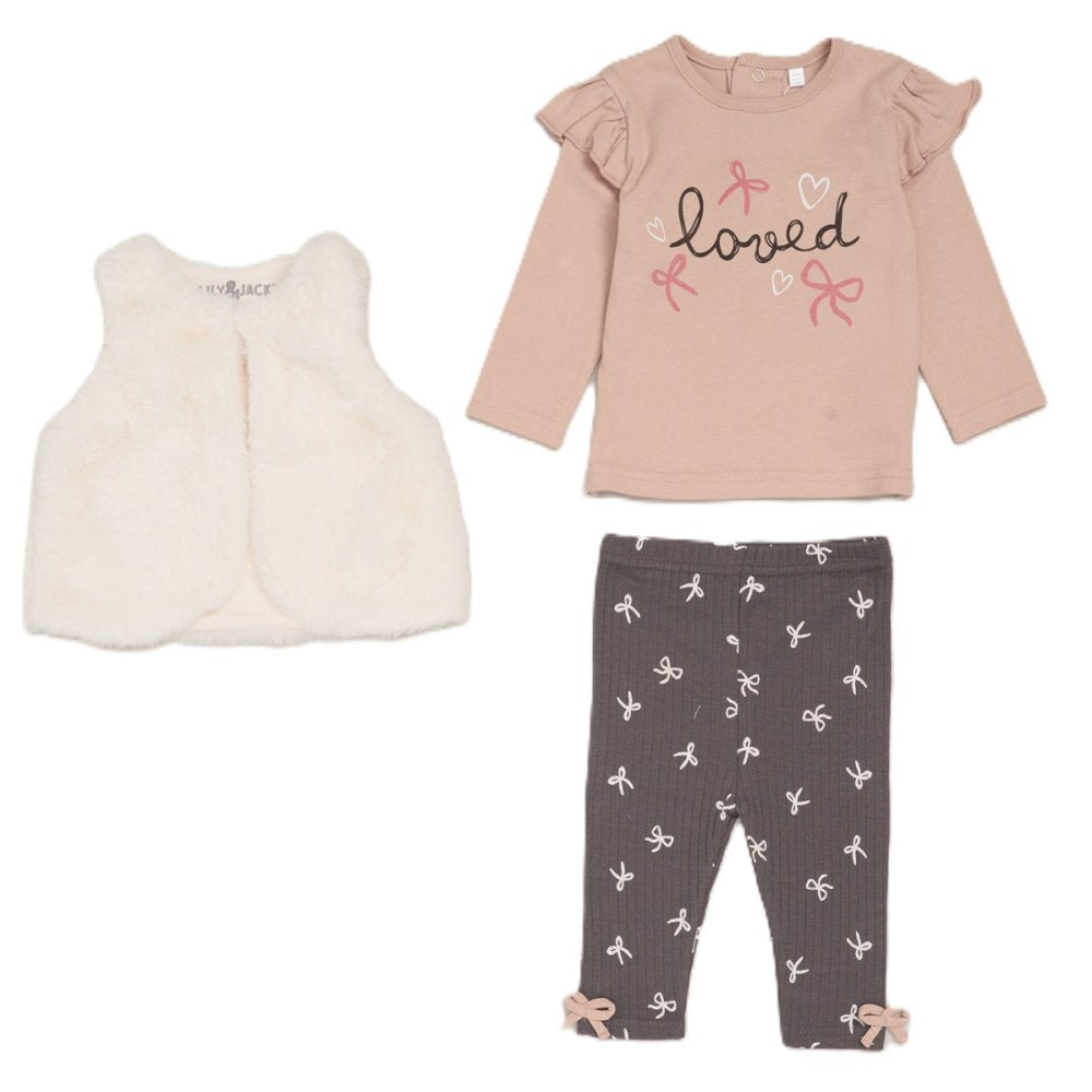 Girls Faux Fur Gilet, Bow Top & Legging Outfit