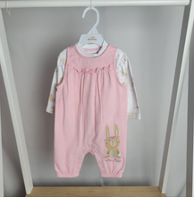 Load image into Gallery viewer, Pink Bunny Dunagree Romper Set
