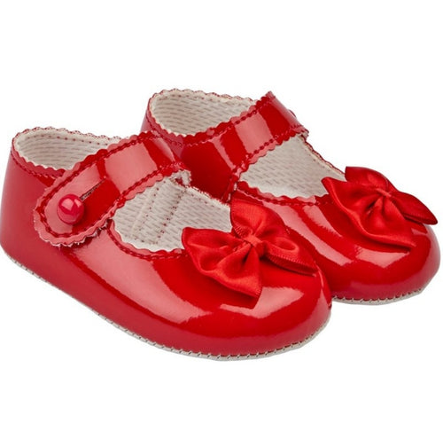 Baypods baby soft sole shoes for pre walkers in a patent red colour with ankle strap and small bow detail
