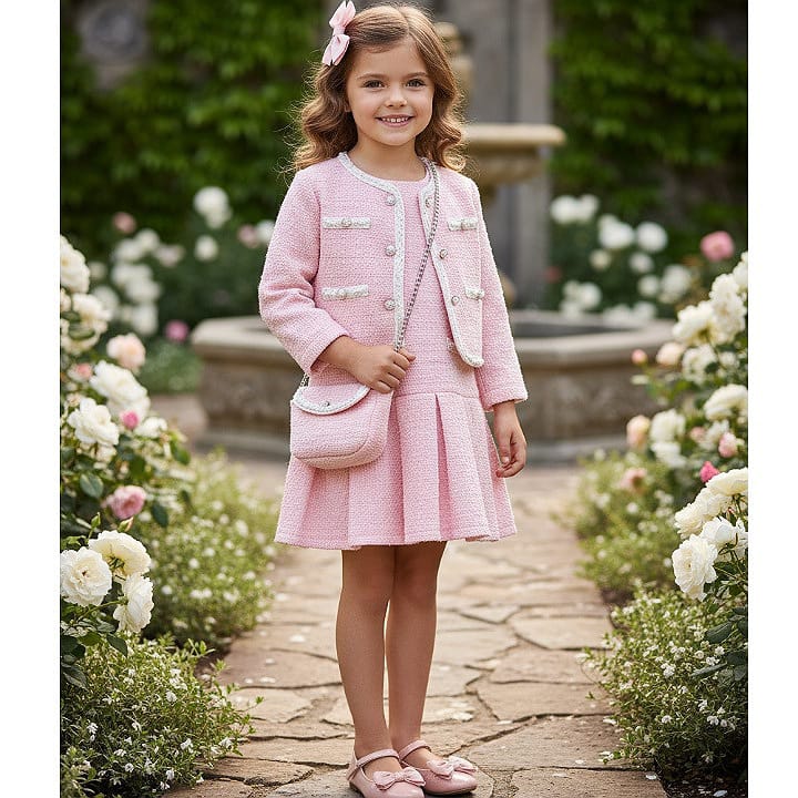 Girls Two Piece Glitter Embossed Dress & Jacket Set with Purse-Pink
