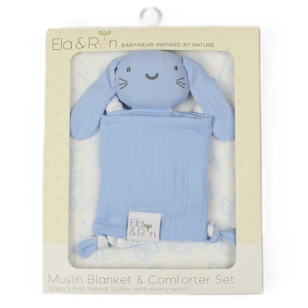 Baby Muslin Blanket & Bunny Comforter Set In A Gift Box