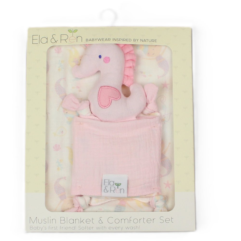 Baby Muslin Blanket & Sea Horse Comforter Set In A Gift Box