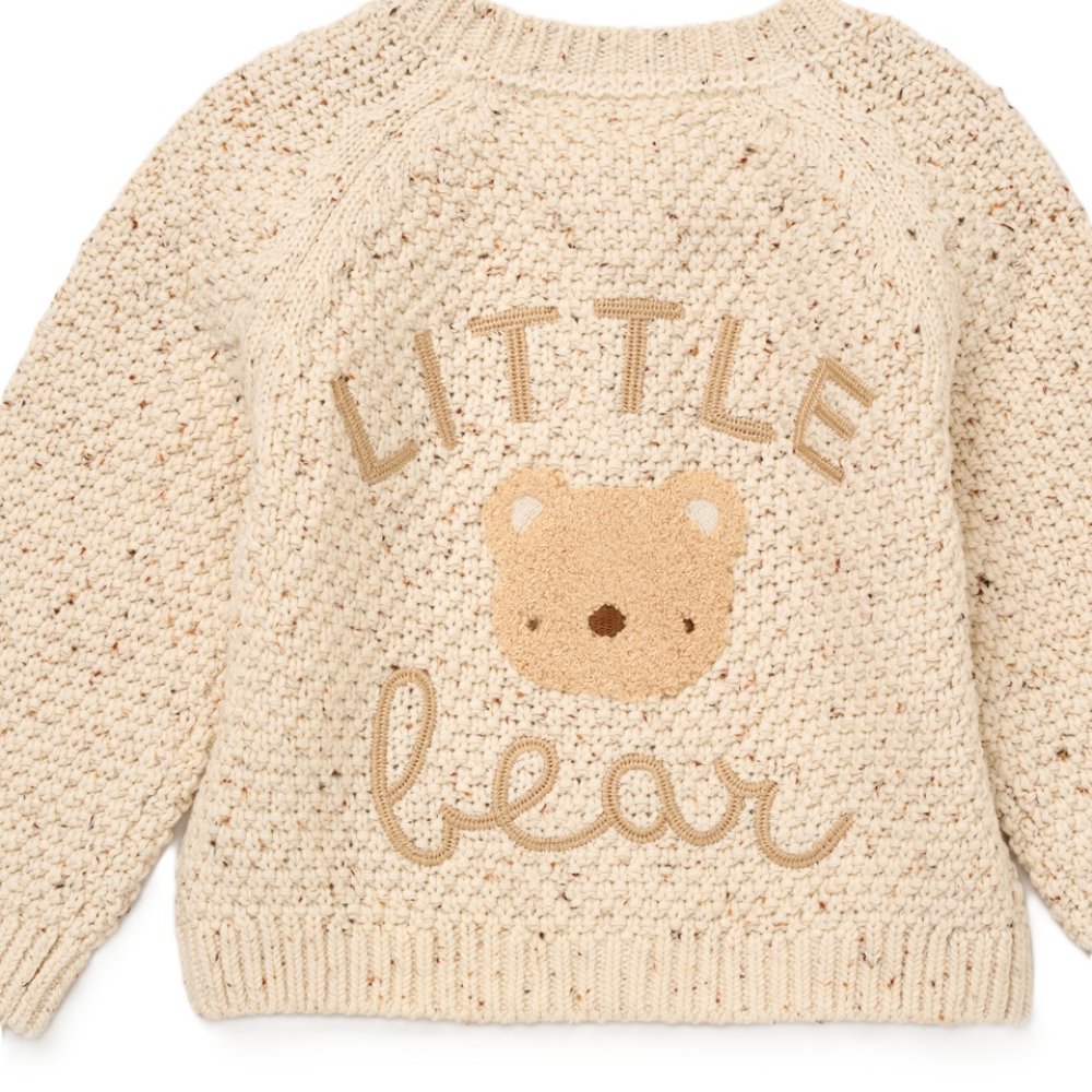 Baby Beige Cotton Knit Cardigan With Embroidered bear