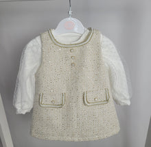 Load image into Gallery viewer, Baby Girls Two Piece Jacquard Glitter Embossed Polka Dot Sleeve Dress Set-Cream
