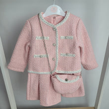 Load image into Gallery viewer, Girls Two Piece Glitter Embossed Dress &amp; Jacket Set with Purse-Pink
