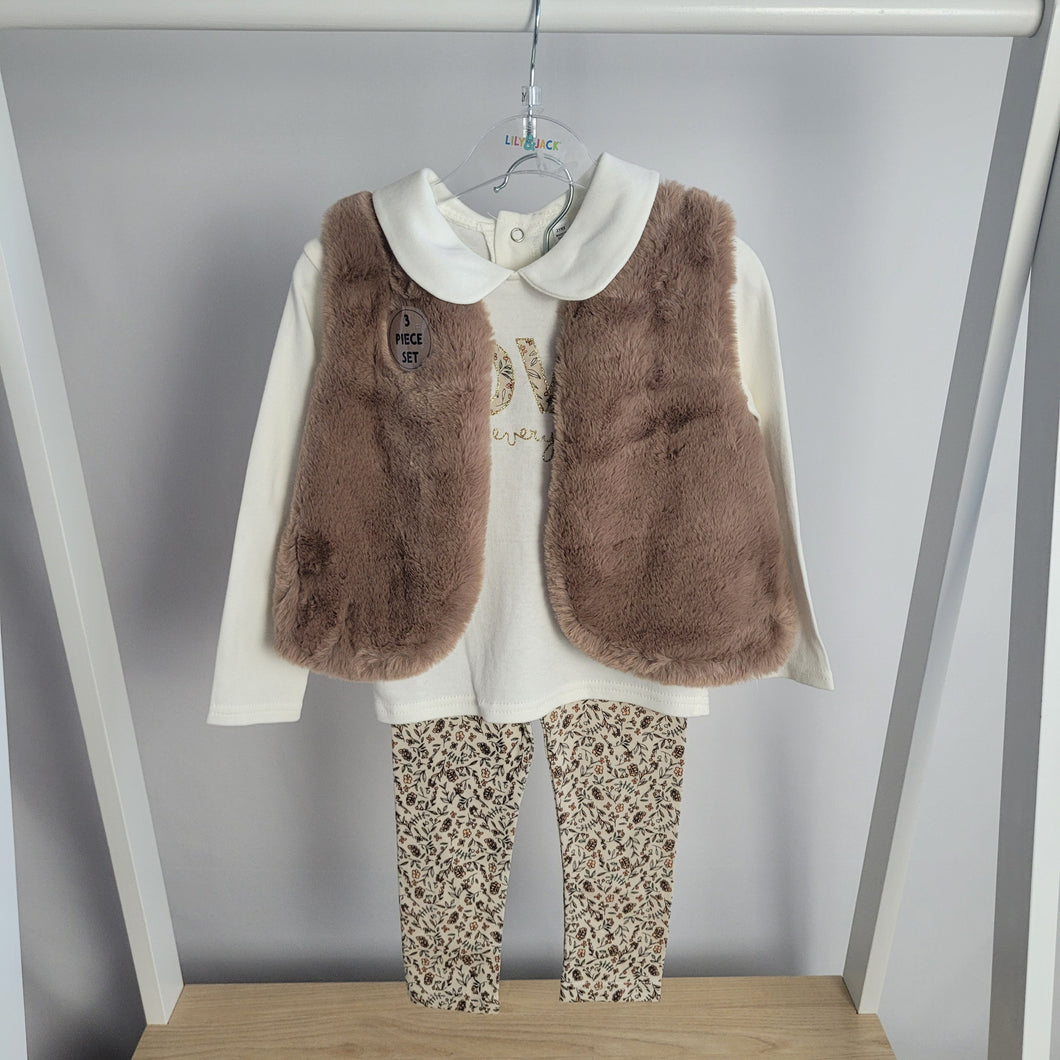 Girls Faux Fur Gilet, Top & Legging Outfit