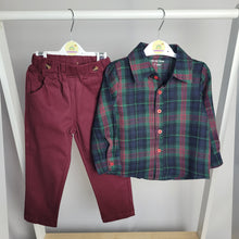Load image into Gallery viewer, Boys Green/Maroon Plaid Shirt and Trouser Set
