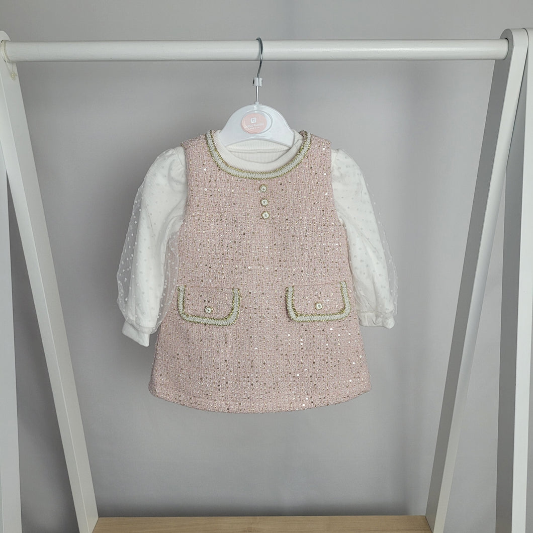 Baby Girls Two Piece Jacquard Glitter Embossed Polka Dot Sleeve Dress Set-Pink