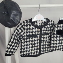 Load image into Gallery viewer, Girls Two Piece Dogtooth Embossed Jacket &amp; Skirt Set with Hat

