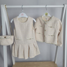 Load image into Gallery viewer, Girls Two Piece Glitter Embossed Dress &amp; Jacket Set with Purse-Cream
