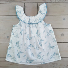 Load image into Gallery viewer, Girls white and blue sleeveless blouse with ruffle collar

