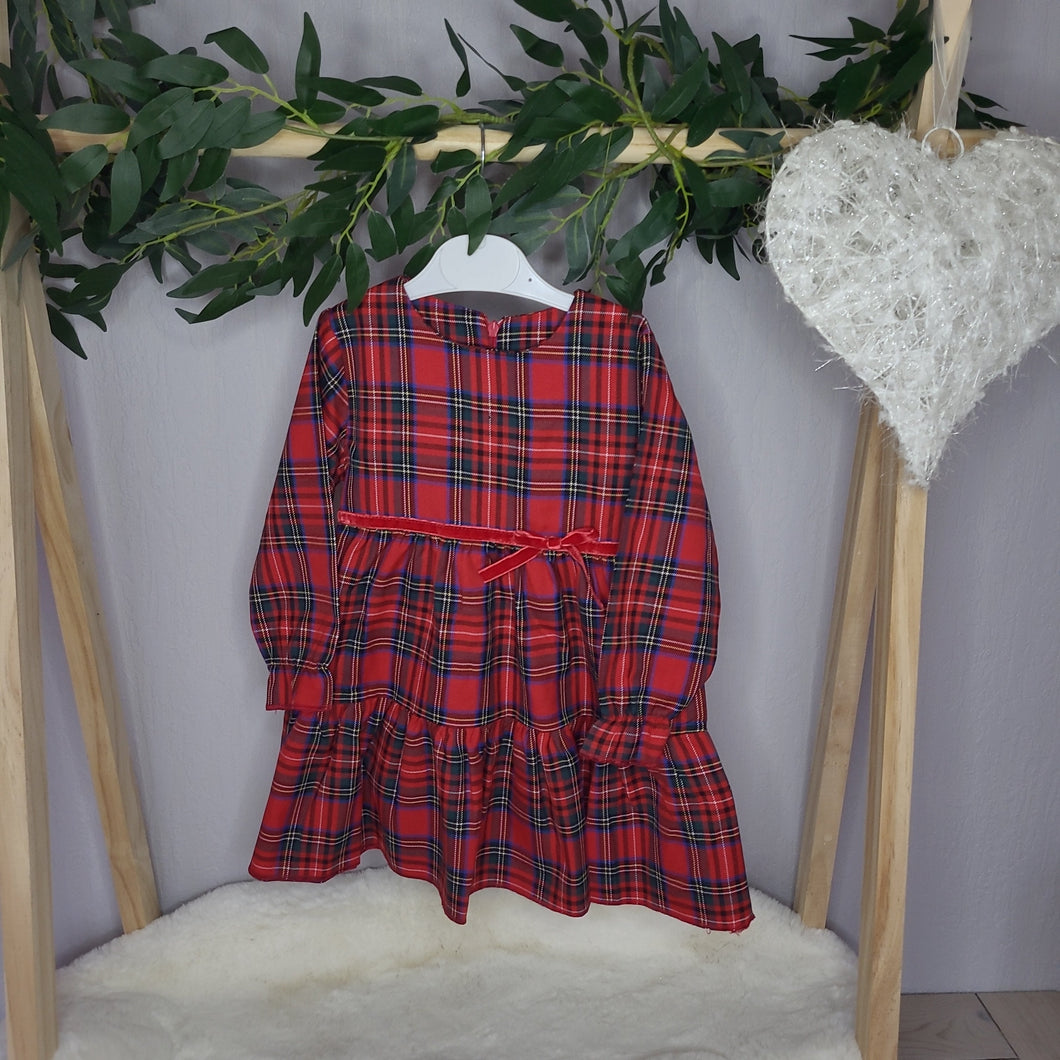 Red Tartan Dress with Velour Bow