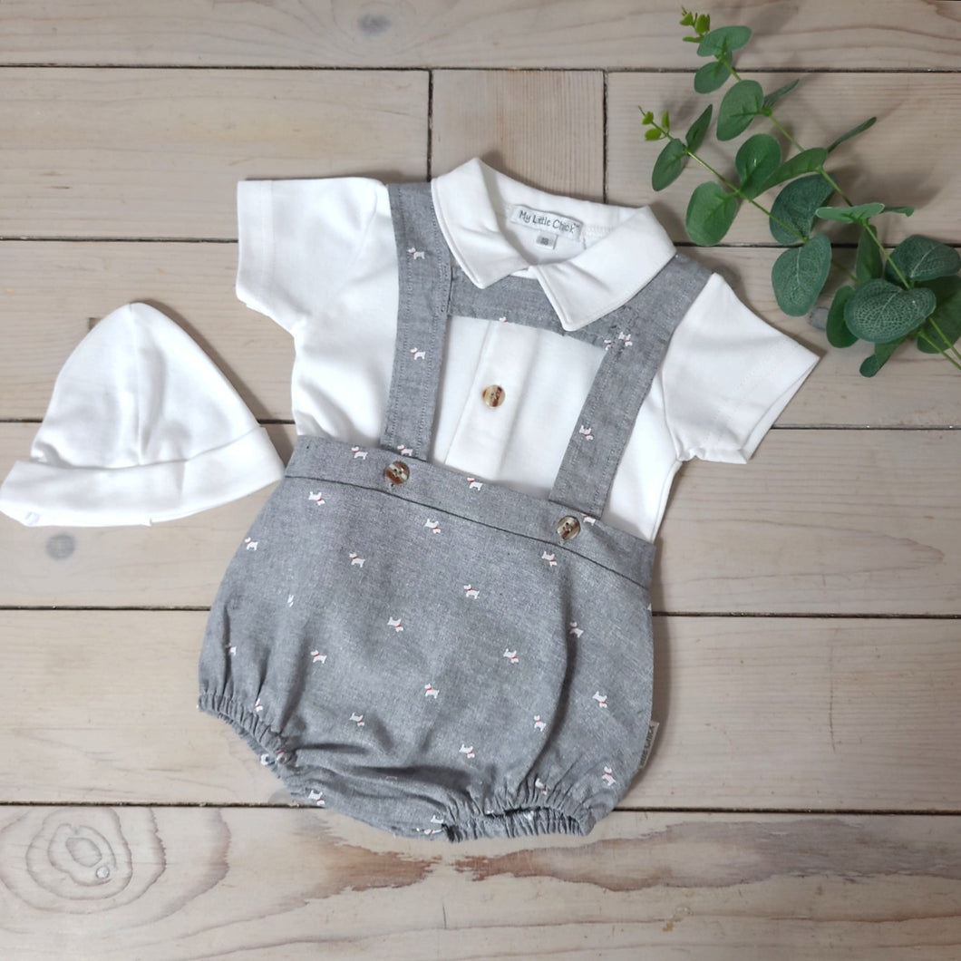 Baby Boys Grey T-Bar Dungaree Romper Set - Scotty Dog
